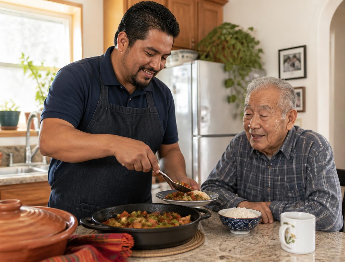 A caregiver serving a home-cooked meal to an older man at his kitchen counter