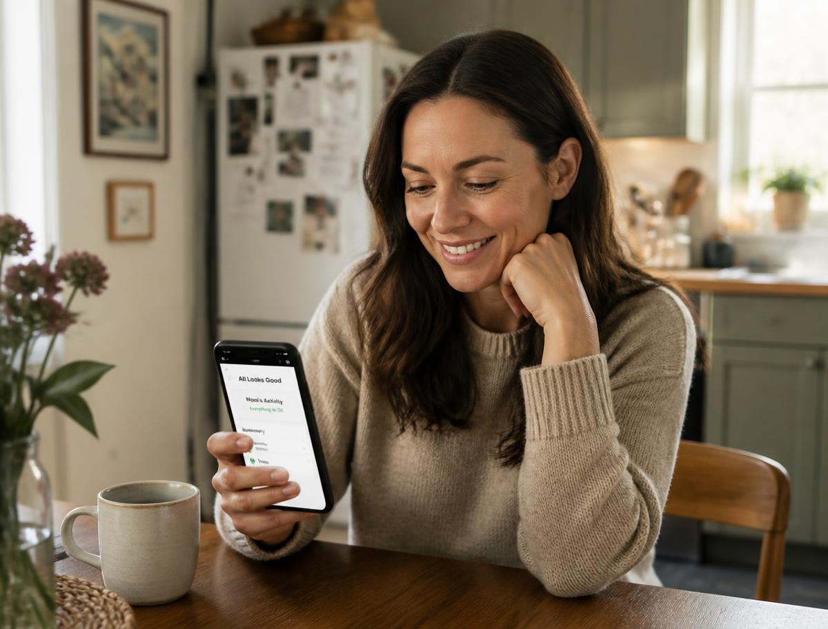 A family member reading a daily care update on a phone at a kitchen table